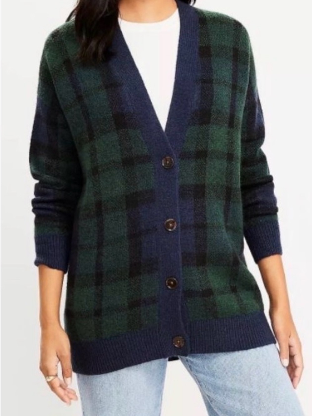 Plaid Button-Front Cardigan Sweater - Green & Navy